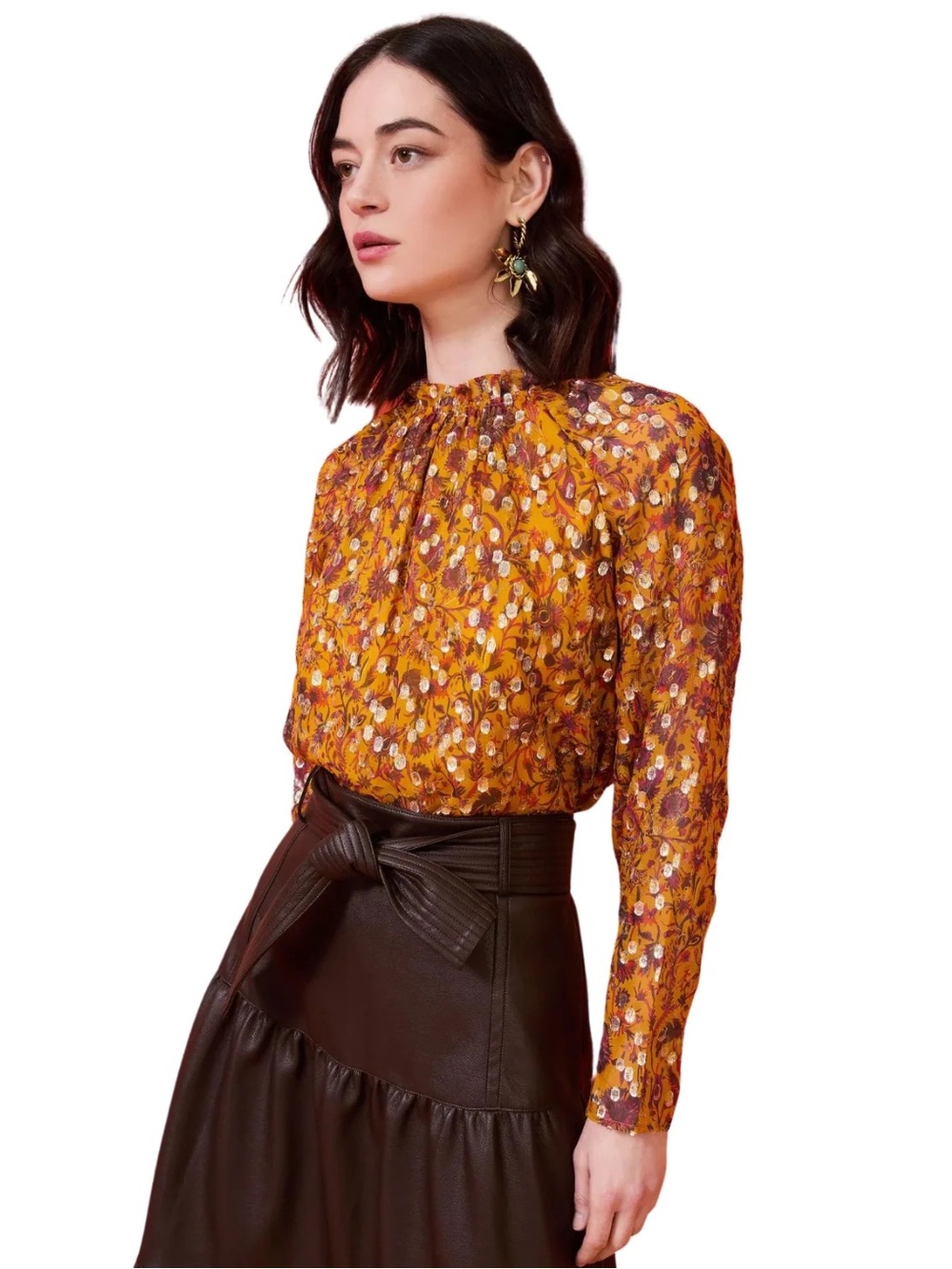 Marie Oliver Mustard Floral Gathered-Neck Blouse